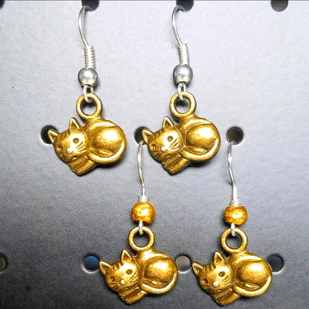 Brass Kitten Dangle Earrings, 1 3/4" Dangle, Shepherd's Hook, NWOT